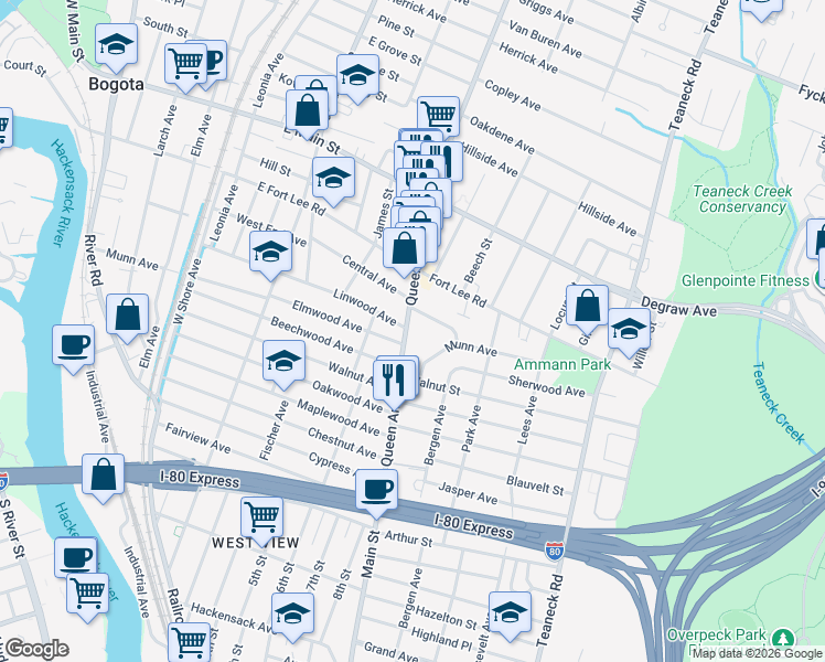 map of restaurants, bars, coffee shops, grocery stores, and more near 210 Queen Anne Road in Bogota