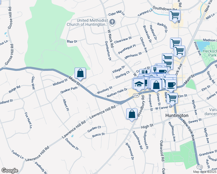 map of restaurants, bars, coffee shops, grocery stores, and more near 85 Woolsey Street in Huntington