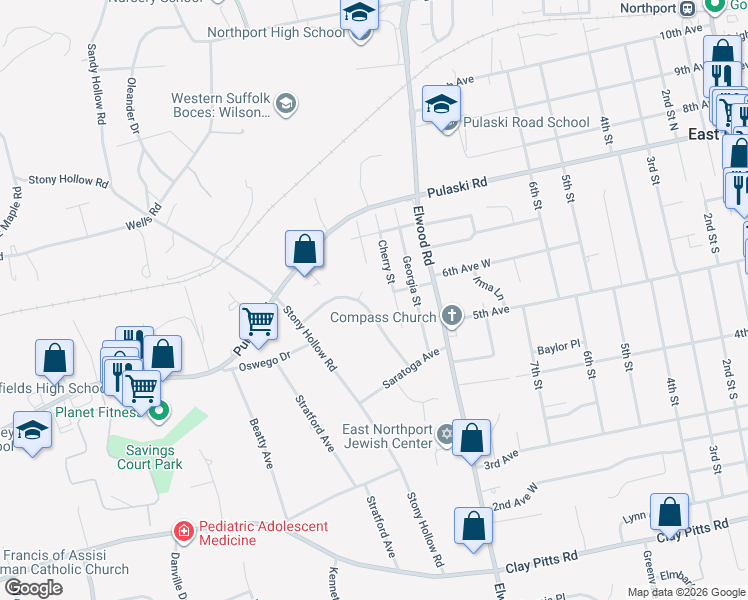 map of restaurants, bars, coffee shops, grocery stores, and more near 2 Patrician Court in East Northport