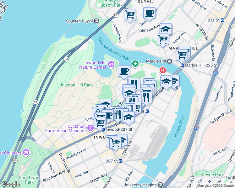 map of restaurants, bars, coffee shops, grocery stores, and more near 244 Seaman Avenue in New York