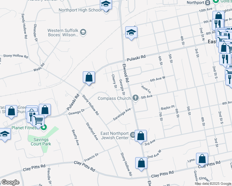 map of restaurants, bars, coffee shops, grocery stores, and more near 35 Cherry Court in East Northport
