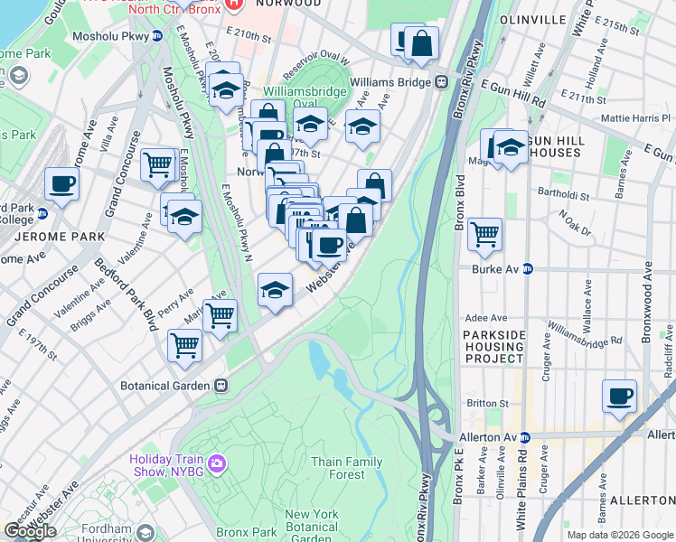 map of restaurants, bars, coffee shops, grocery stores, and more near 3135 Webster Avenue in The Bronx