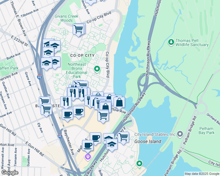 map of restaurants, bars, coffee shops, grocery stores, and more near 98-140 Co-op City Boulevard in The Bronx