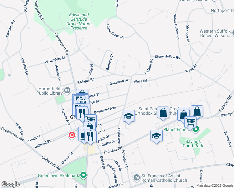 map of restaurants, bars, coffee shops, grocery stores, and more near 49 Lawrence Street in Greenlawn