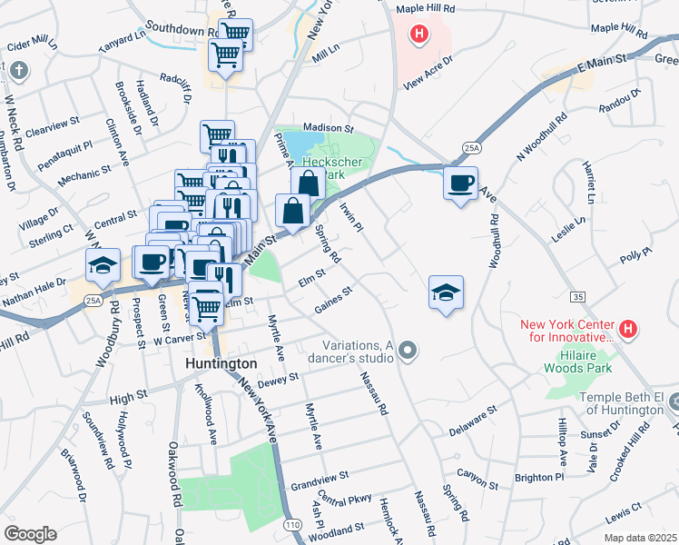 map of restaurants, bars, coffee shops, grocery stores, and more near 37 Spring Road in Huntington