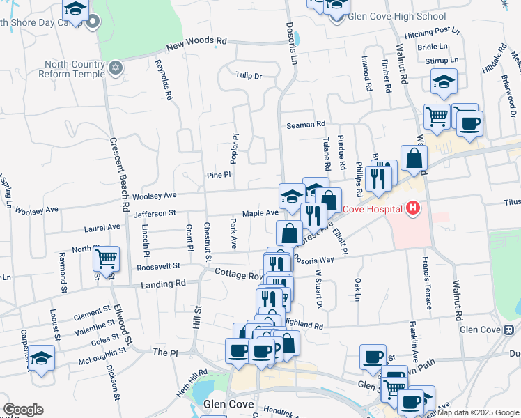 map of restaurants, bars, coffee shops, grocery stores, and more near 19 Woolsey Avenue in Glen Cove
