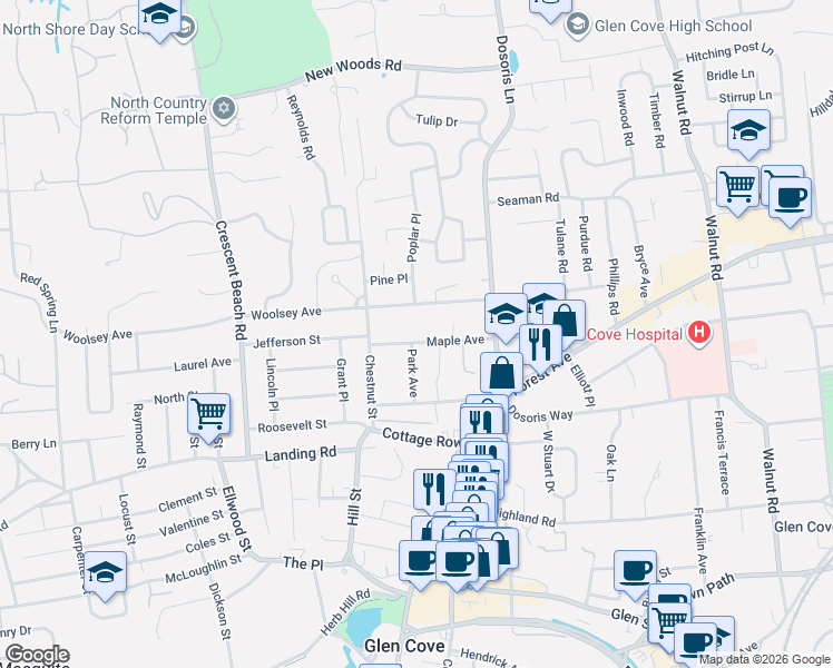 map of restaurants, bars, coffee shops, grocery stores, and more near 33 Woolsey Avenue in Glen Cove