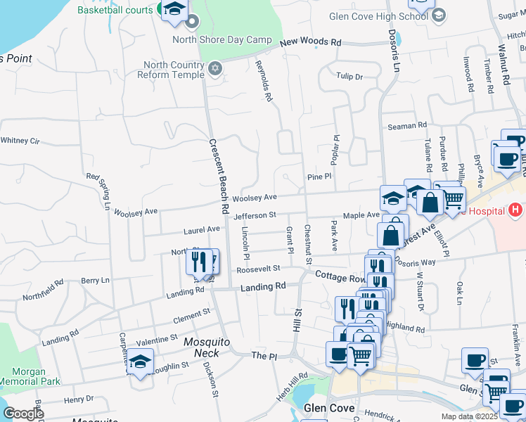 map of restaurants, bars, coffee shops, grocery stores, and more near 77 Woolsey Avenue in Glen Cove