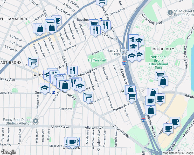 map of restaurants, bars, coffee shops, grocery stores, and more near in The Bronx