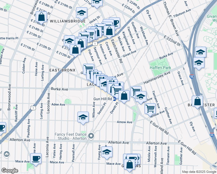 map of restaurants, bars, coffee shops, grocery stores, and more near 3152 Seymour Avenue in Bronx