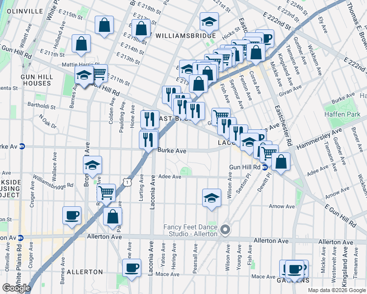 map of restaurants, bars, coffee shops, grocery stores, and more near 3228 Tenbroeck Avenue in Bronx