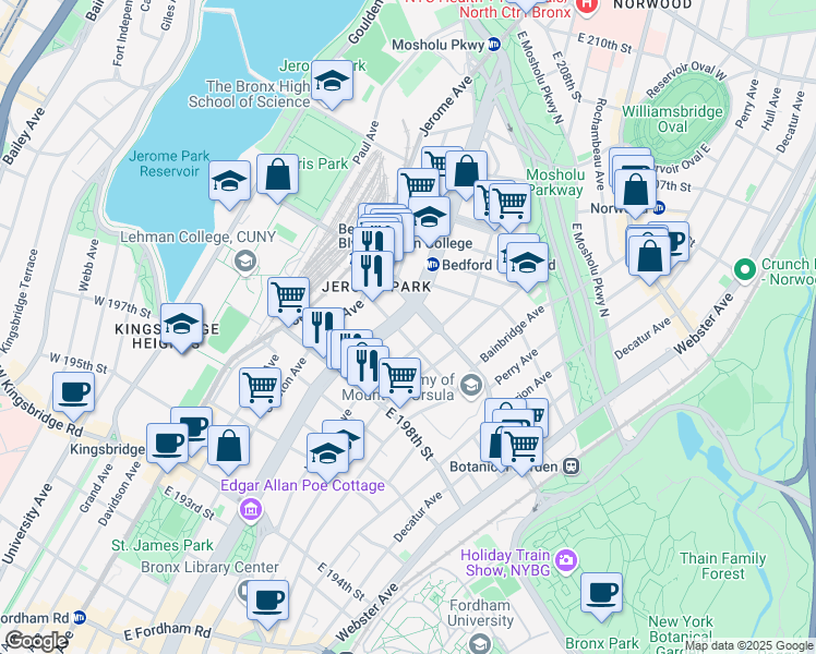 map of restaurants, bars, coffee shops, grocery stores, and more near in The Bronx