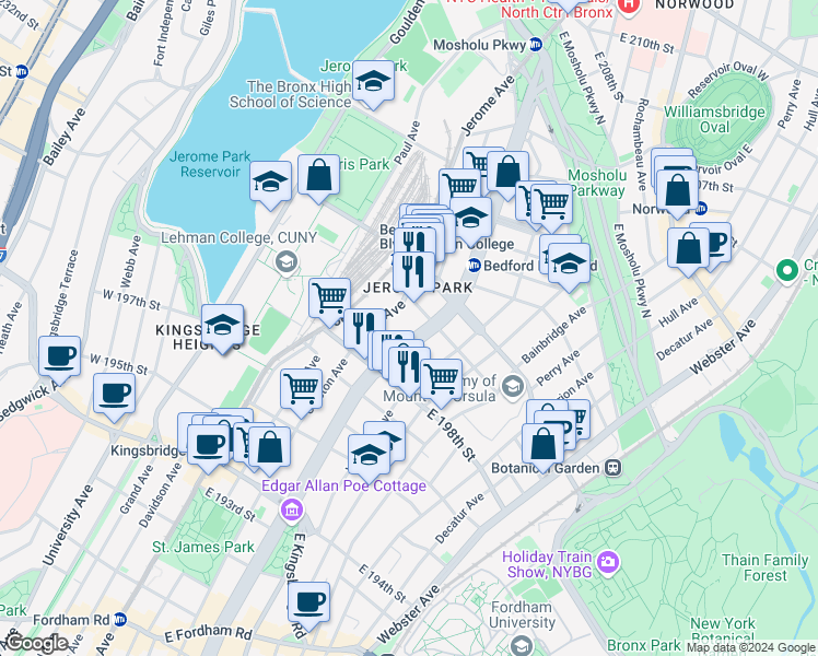 map of restaurants, bars, coffee shops, grocery stores, and more near 2932 Jerome Avenue in Bronx