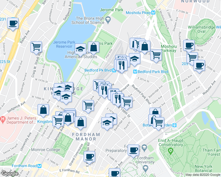 map of restaurants, bars, coffee shops, grocery stores, and more near 2885 Jerome Avenue in Bronx