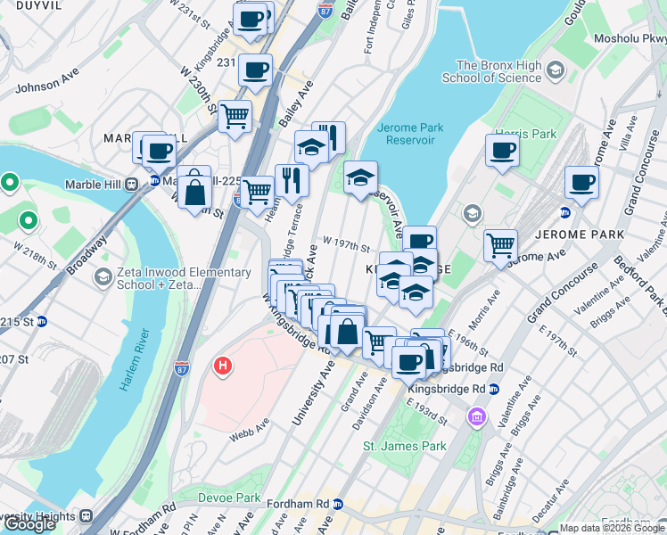 map of restaurants, bars, coffee shops, grocery stores, and more near 2807 Claflin Avenue in Bronx