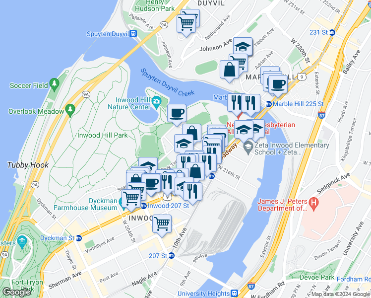map of restaurants, bars, coffee shops, grocery stores, and more near 91 Park Terrace West in New York