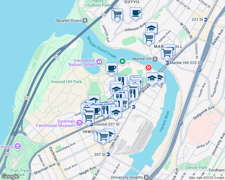 map of restaurants, bars, coffee shops, grocery stores, and more near 244 Seaman Avenue in New York