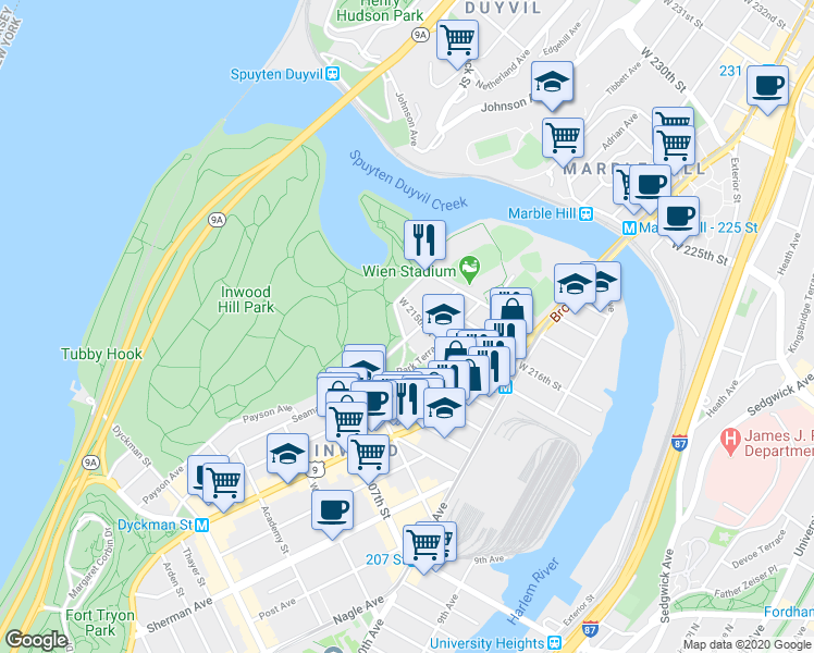 map of restaurants, bars, coffee shops, grocery stores, and more near 244 Seaman Avenue in New York