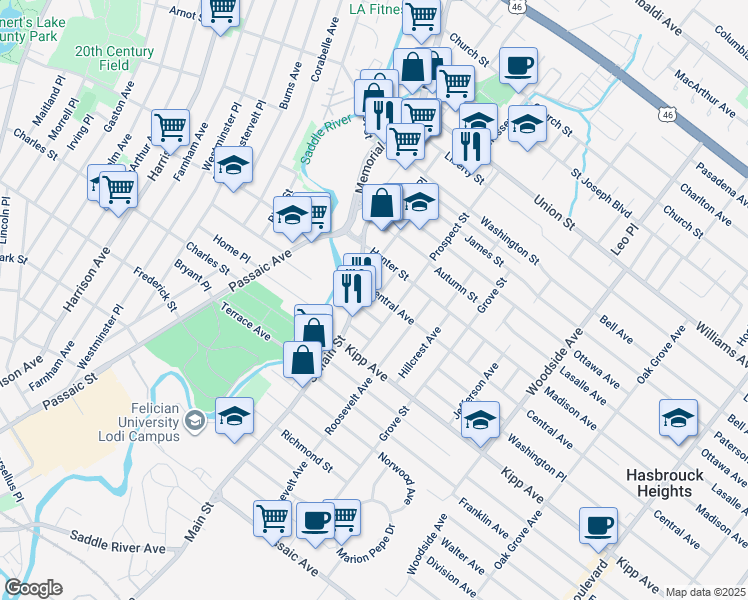 map of restaurants, bars, coffee shops, grocery stores, and more near 10 Lafayette Place in Lodi
