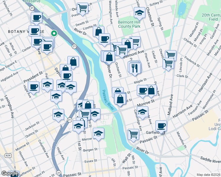 map of restaurants, bars, coffee shops, grocery stores, and more near 4 Van Winkle Avenue in Garfield
