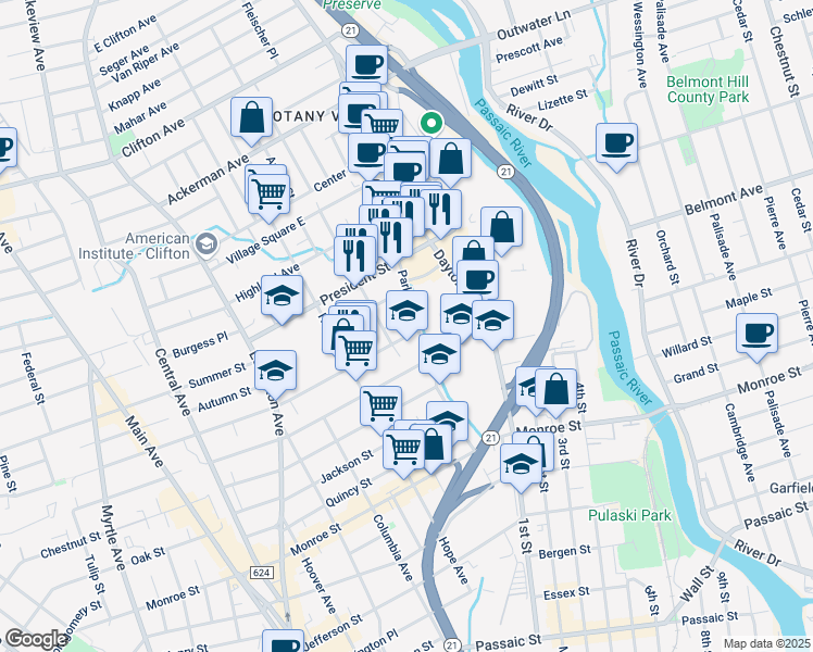map of restaurants, bars, coffee shops, grocery stores, and more near in Passaic