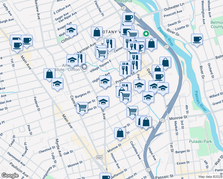 map of restaurants, bars, coffee shops, grocery stores, and more near 198 President Street in Passaic