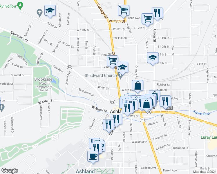 map of restaurants, bars, coffee shops, grocery stores, and more near 504 Carroll Street in Ashland