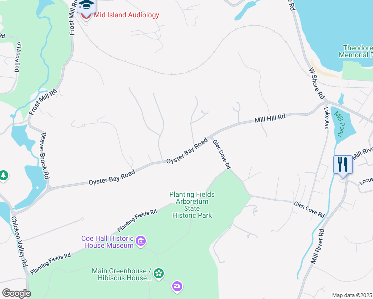 map of restaurants, bars, coffee shops, grocery stores, and more near 393 Oyster Bay Road in Mill Neck