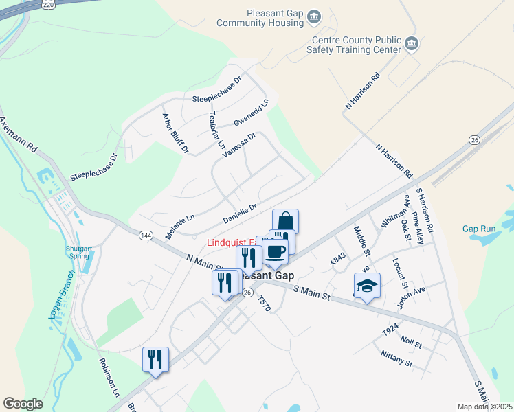 map of restaurants, bars, coffee shops, grocery stores, and more near 207 Danielle Drive in Bellefonte