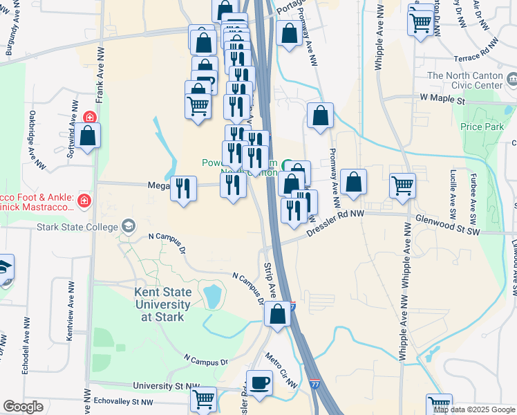 map of restaurants, bars, coffee shops, grocery stores, and more near 6493 Strip Avenue Northwest in North Canton