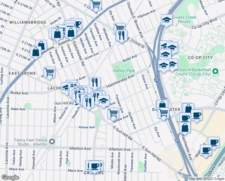 map of restaurants, bars, coffee shops, grocery stores, and more near 3060 Tiemann Avenue in Bronx