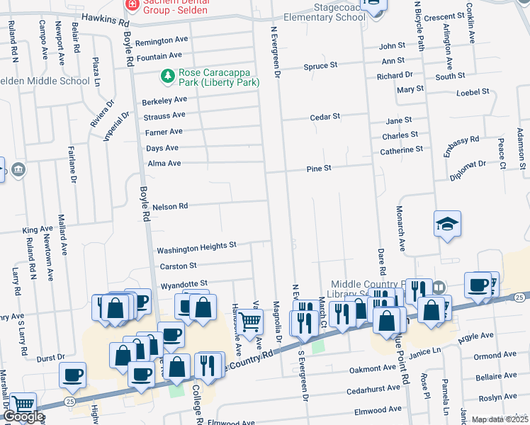 map of restaurants, bars, coffee shops, grocery stores, and more near 102 Magnolia Drive in Selden