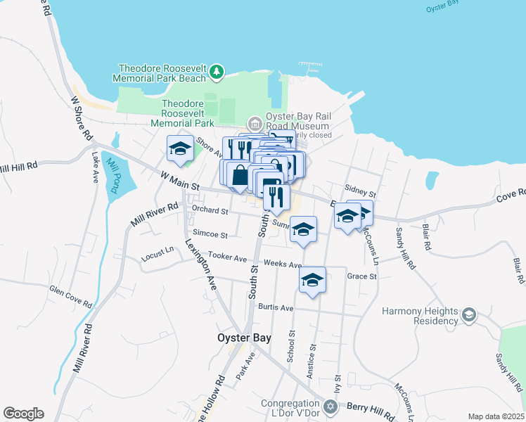 map of restaurants, bars, coffee shops, grocery stores, and more near 17 West Main Street in Oyster Bay