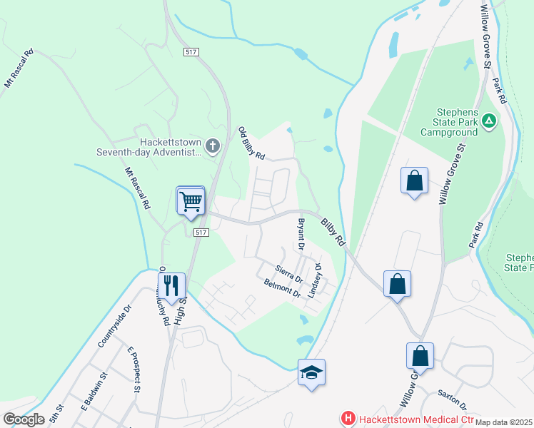 map of restaurants, bars, coffee shops, grocery stores, and more near 104 Kemper Court in Hackettstown