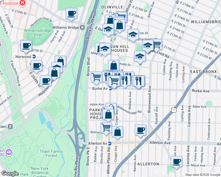 map of restaurants, bars, coffee shops, grocery stores, and more near White Plains Rd & Burke Ave in Bronx