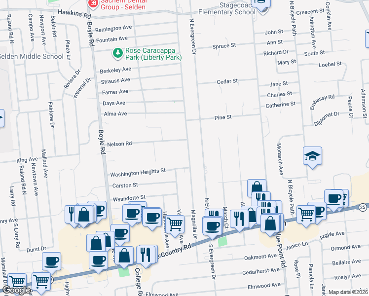 map of restaurants, bars, coffee shops, grocery stores, and more near 9 Nelson Road in Selden