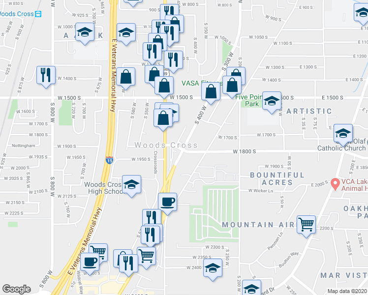 map of restaurants, bars, coffee shops, grocery stores, and more near 1854 South 400 West in Bountiful