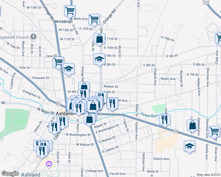 map of restaurants, bars, coffee shops, grocery stores, and more near 246 East 4th Street in Ashland