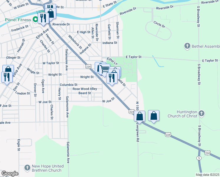 map of restaurants, bars, coffee shops, grocery stores, and more near 1245 South Jefferson Street in Huntington