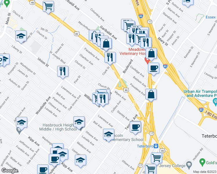 map of restaurants, bars, coffee shops, grocery stores, and more near 409 Church Street in Hasbrouck Heights