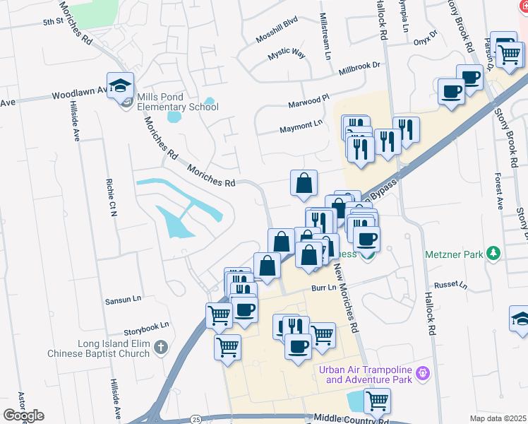 map of restaurants, bars, coffee shops, grocery stores, and more near 200 Moriches Road in Saint James