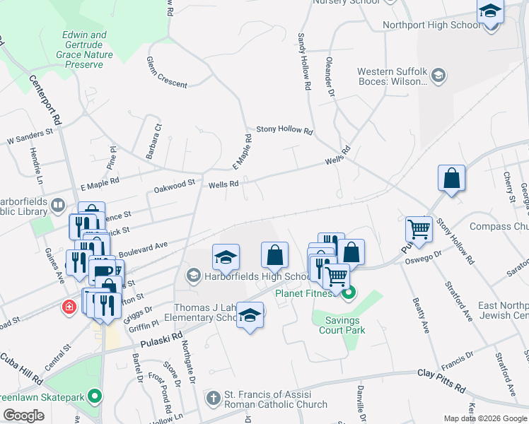 map of restaurants, bars, coffee shops, grocery stores, and more near 6 Dohne Court in Greenlawn