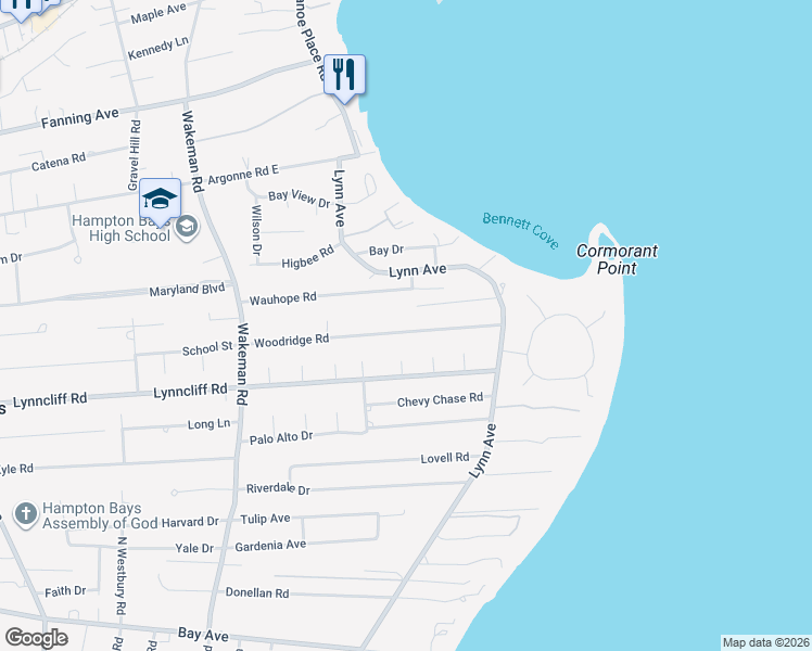 map of restaurants, bars, coffee shops, grocery stores, and more near 42 Wauhope Road in Hampton Bays