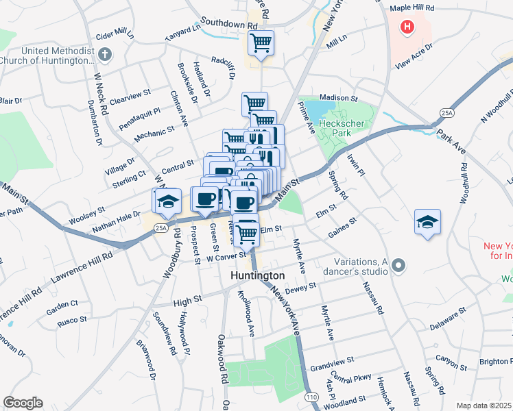 map of restaurants, bars, coffee shops, grocery stores, and more near 249 Main Street in Huntington