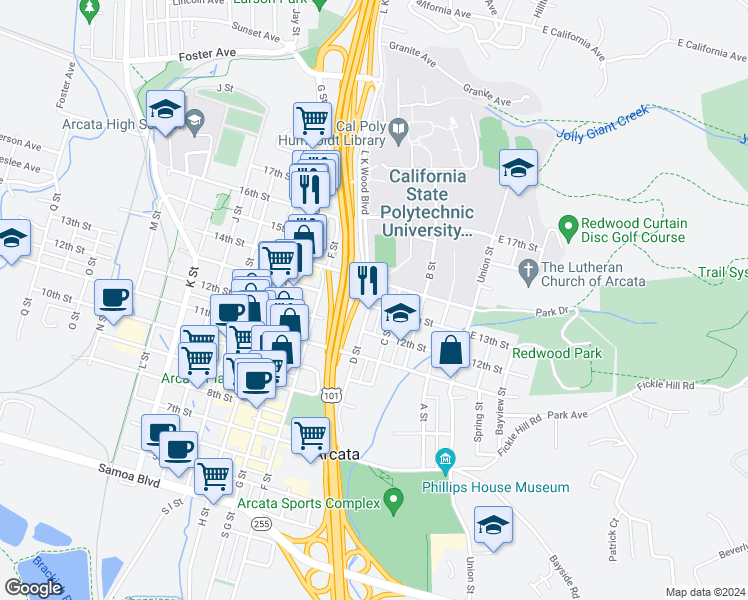map of restaurants, bars, coffee shops, grocery stores, and more near 1370 D Street in Arcata