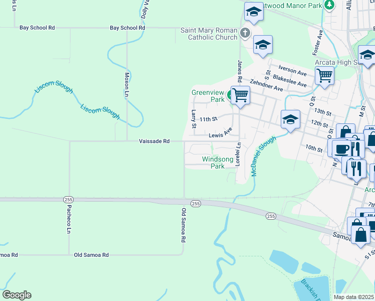 map of restaurants, bars, coffee shops, grocery stores, and more near 2352 Karen Court in Arcata