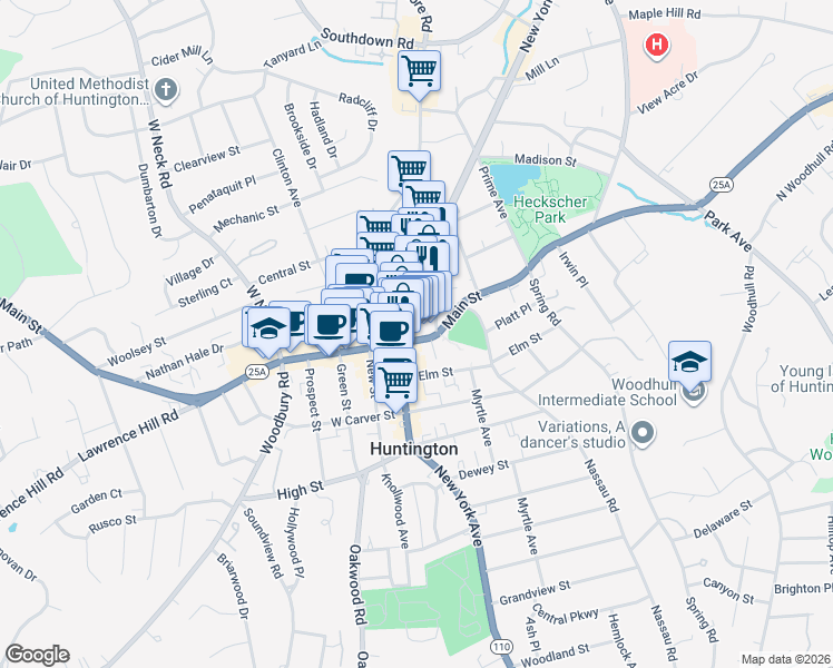 map of restaurants, bars, coffee shops, grocery stores, and more near 7 Stewart Avenue in Huntington