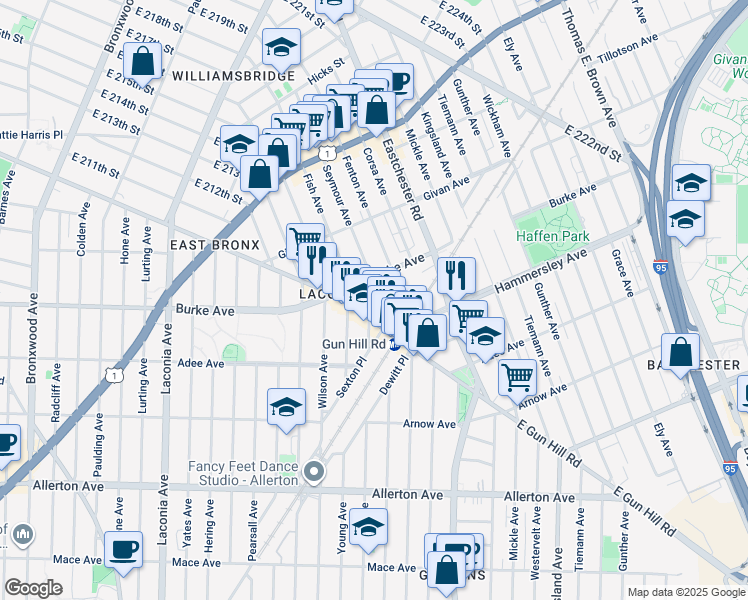 map of restaurants, bars, coffee shops, grocery stores, and more near 3152 Seymour Avenue in The Bronx