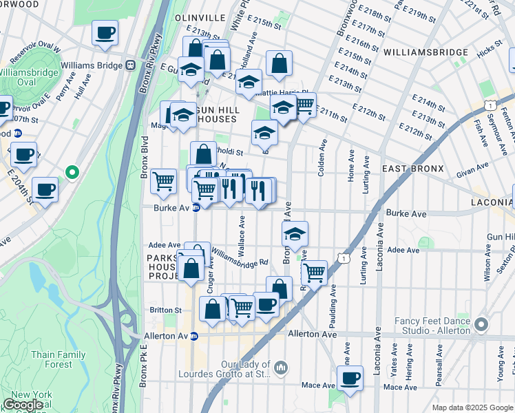 map of restaurants, bars, coffee shops, grocery stores, and more near 800 South Oak Drive in Bronx