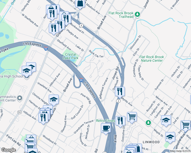 map of restaurants, bars, coffee shops, grocery stores, and more near 33 Fox Run Drive in Englewood